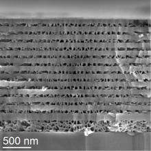 A scanning electron microscope (SEM) image of a DBR made up of alternating layers of porous and non-porous GaN